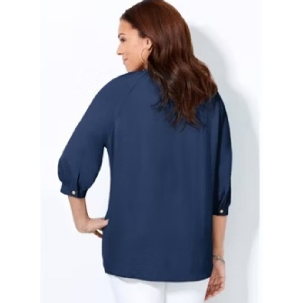 Catherines Y-Neck Blouse Women 4X Navy Blue 3/4 Sleeve Light Airy Button Up - Picture 3 of 6